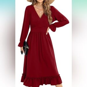 Women's Long Sleeve Midi Dress in Wine Red